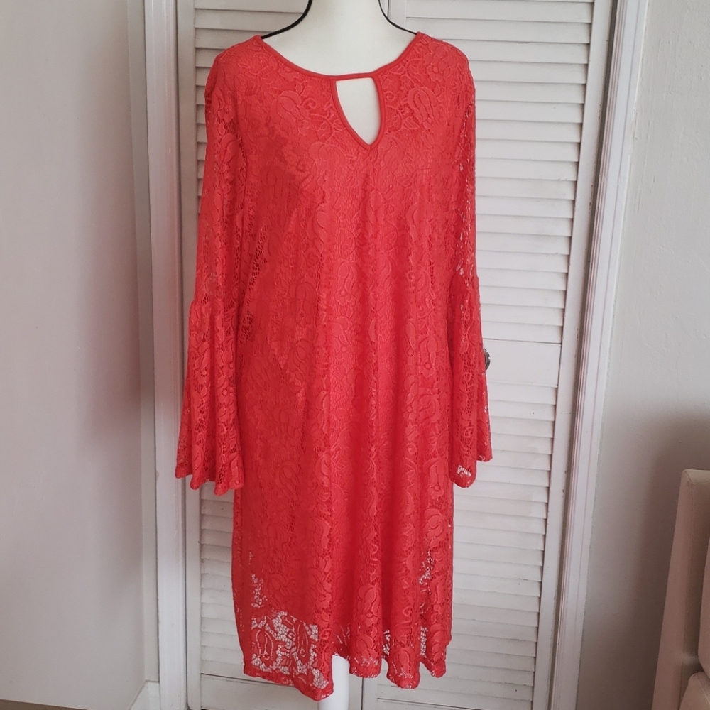 NWOT HAAN Orange Lace Dress w/Bell Sleeves,Size 2X